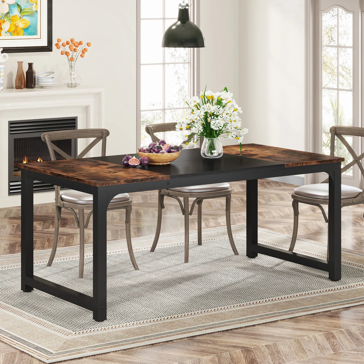 MonoWood Dining Table, Industrial Kitchen Table for 6-8 Person, Rectangular Dinner Table for Dining Room