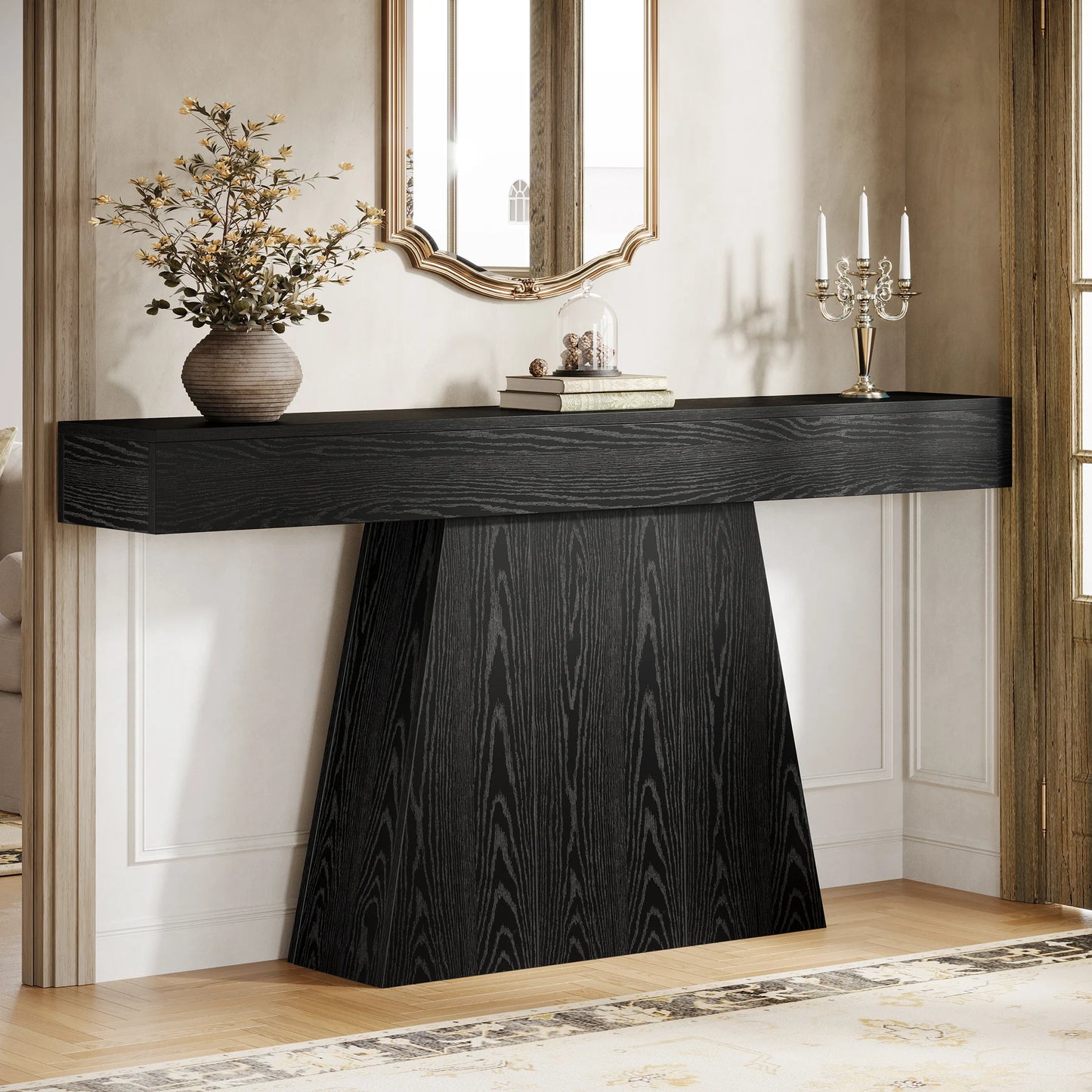 MonoWood 63" Black Console Table, Farmhouse Entryway Table with Trapezoidal Base, Narrow Long Wood Sofa Table