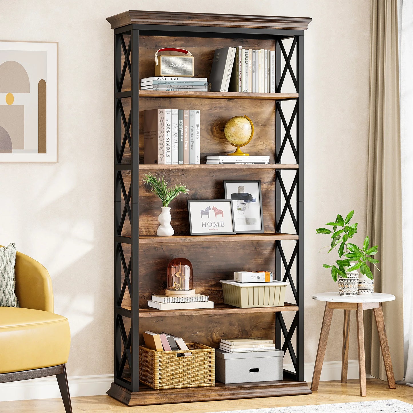 MonoWood 6-Tier Bookcase, 71 Inches Industrial Bookshelves and Bookcases, Floor Standing 5 Shelf Display Storage Shelves