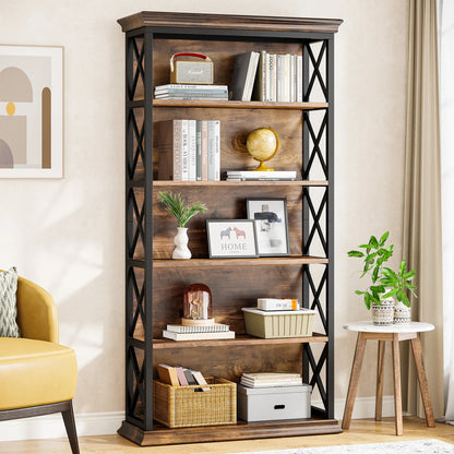 MonoWood 6-Tier Bookcase, 71 Inches Industrial Bookshelves and Bookcases, Floor Standing 5 Shelf Display Storage Shelves