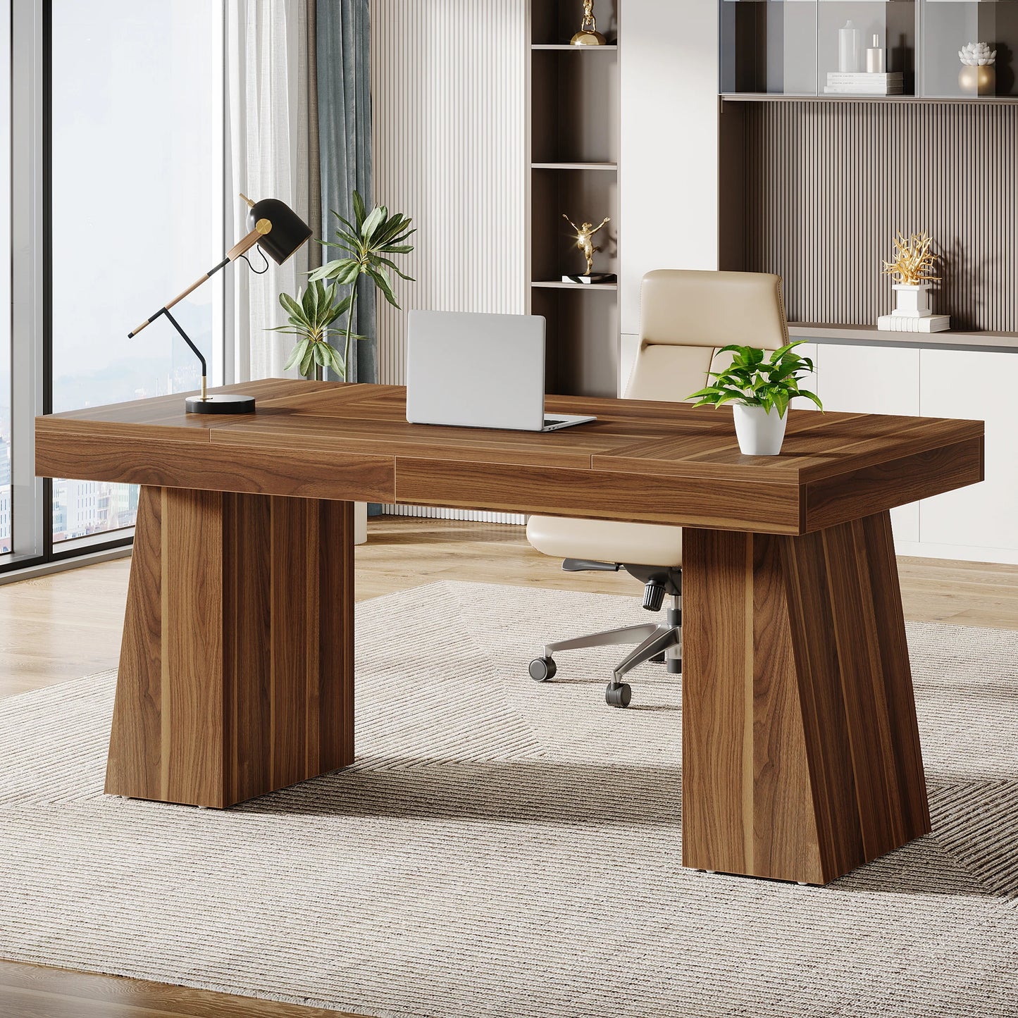 MonoWood 55 Inches Executive Desk, Mid-Century Modern Home Office Desk with Double Trapezoid Base, Wood Computer Desk