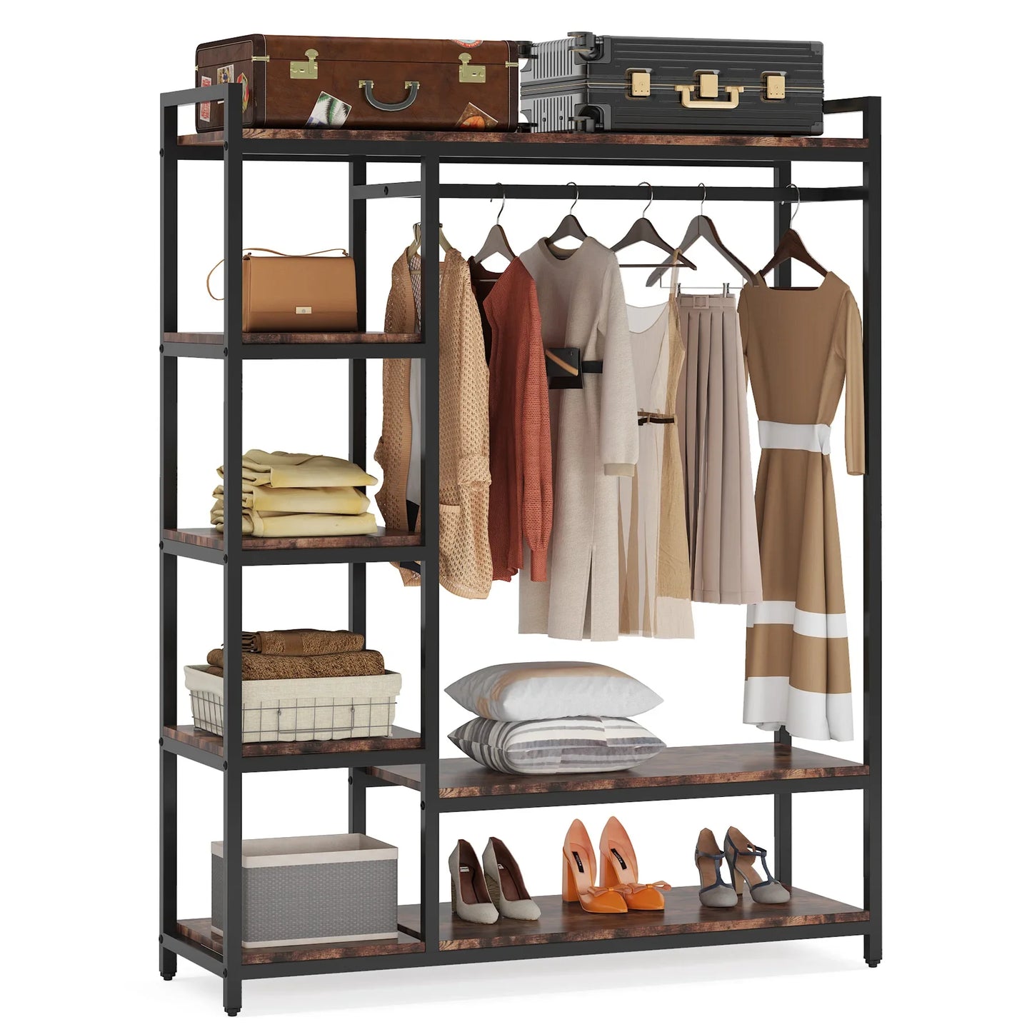 MonoWood  Free-standing Closet Organizer with 6 Storage Shelves and Hanging Bar, Large Standing Clothes Garment Rack