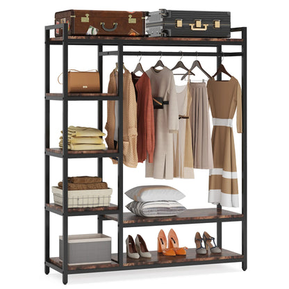 MonoWood  Free-standing Closet Organizer with 6 Storage Shelves and Hanging Bar, Large Standing Clothes Garment Rack