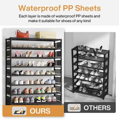 MonoWood 10 Tier Shoe Rack Organizer with 4 Bins Drawers for Closet Entryway, 32 Pairs Vertical Shoe Racks Tall Shoe Shelf