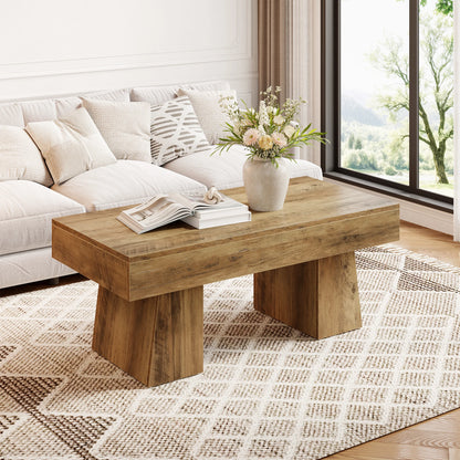 MonoWood Vintage Coffee Table, 120cm Wooden Accent Center Tables with Thick Base, Modern Low Cocktail Tea Furniture for