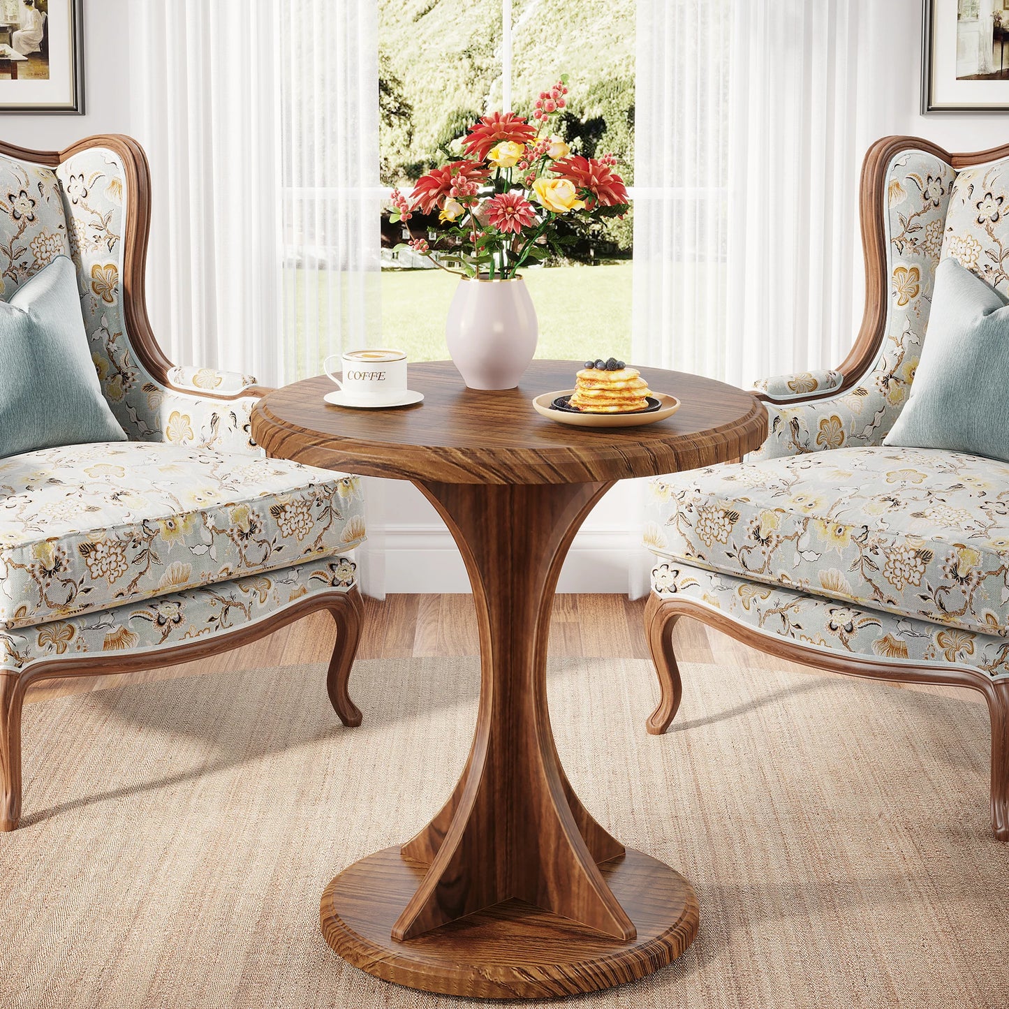 MonoWood Round End Side Table: Wood Small Sofa Chair Side Table for Living Room, Mid-Century Bedside Nightstand for Bedroom