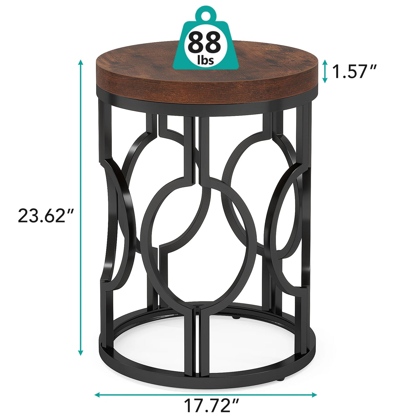 MonoWood Round End Table, Industrial SideTable with Metal Hollow Frame, Small Bedside Table Nightstand for Living Room