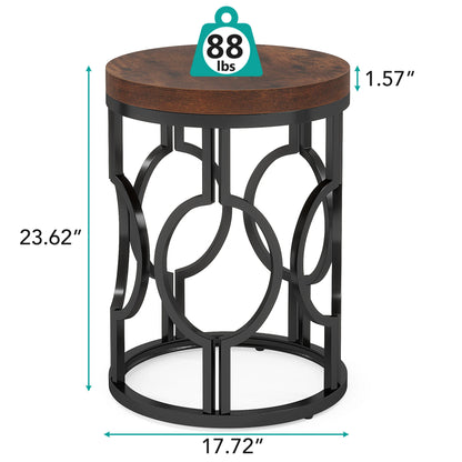 MonoWood Round End Table, Industrial SideTable with Metal Hollow Frame, Small Bedside Table Nightstand for Living Room
