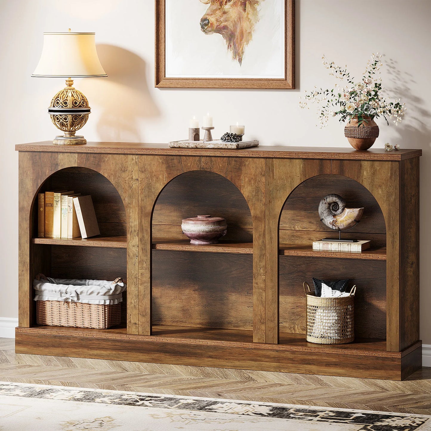 MonoWood Farmhouse Console Table, 63-Inch Long Entryway Table with 3 Tier Storage, Wooden Rectangular Sofa Table