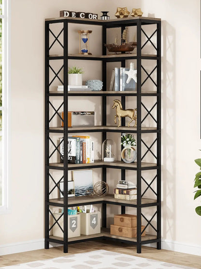 MonoWood 7-Shelf Corner Bookshelf,Large Modern Corner Bookcase, 7-Tier Tall Corner Shelf Storage Display Rack with Metal Frame