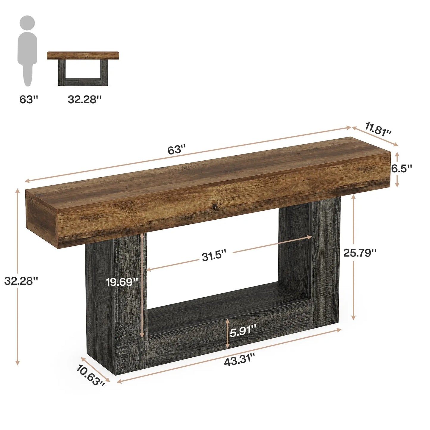 MonoWood 63" Console Table, Farmhouse 2-Tier Entryway Table with U-Shaped Base, Narrow Long Wood Sofa Table Behind Couch Table