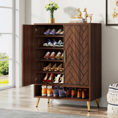 MonoWood 6-Tier Shoe Cabinet with Doors, Walnut Wooden Shoe Storage Cabinet with Adjustable Shelves for Entryway