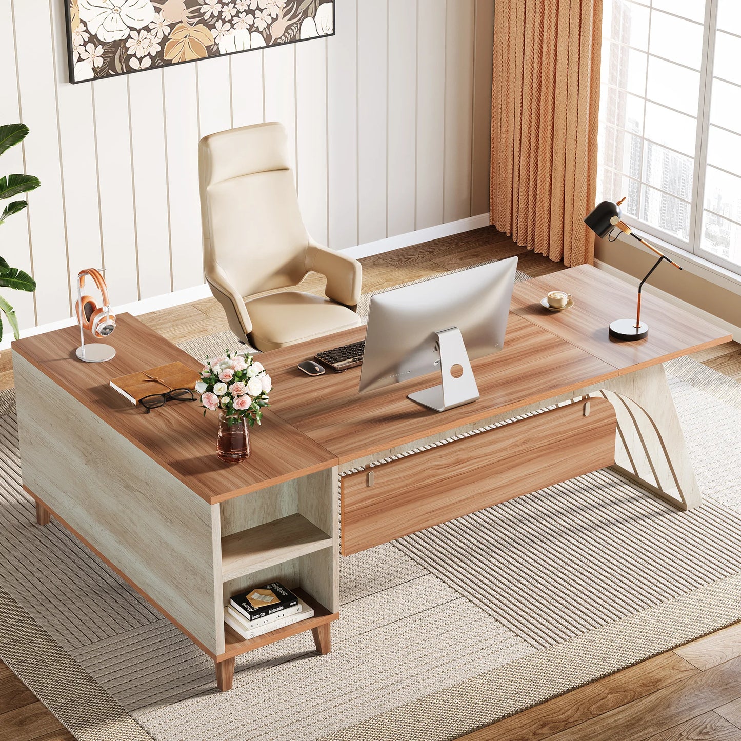 MonoWood 78" Large L-Shaped Executive Desk, Modern Office Desk with Lateral File Cabinet and Drawer, Home Business Desk