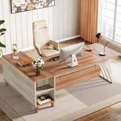 MonoWood 78" Large L-Shaped Executive Desk, Modern Office Desk with Lateral File Cabinet and Drawer, Home Business Desk