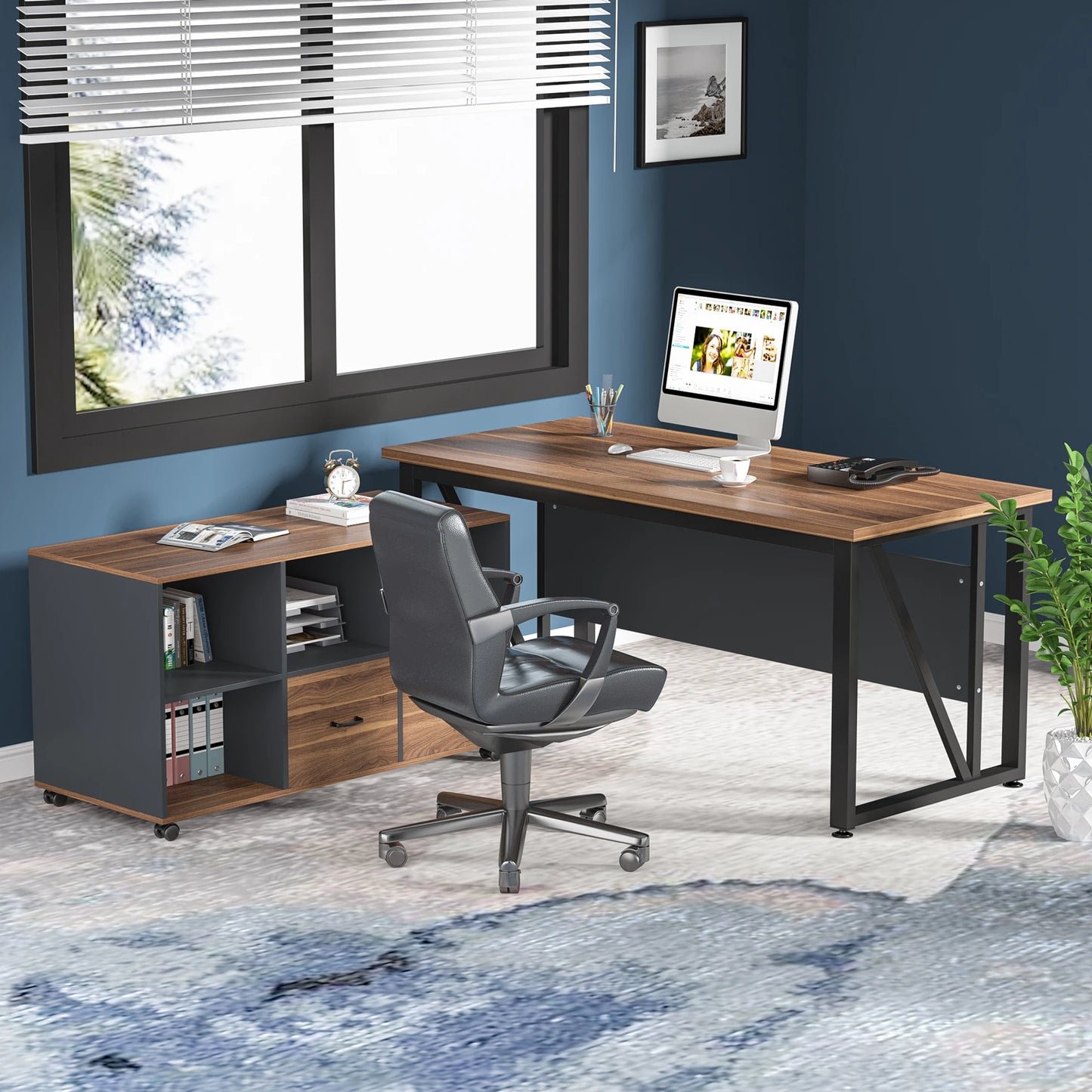 MonoWood 55 inches Executive Desk and 43" lateral File Cabinet, L-Shaped Computer Desk Home Office Furniture with Drawers