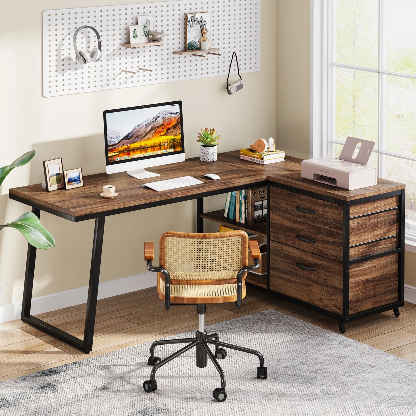 MonoWood L-Shaped Computer Desk with 3 Drawers, Reversible Corner Home Office Desk with Shelves, 53-Inch Industrial PC Desk St