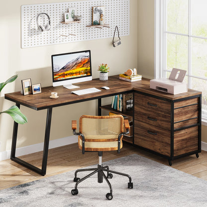 MonoWood L-Shaped Computer Desk with 3 Drawers, Reversible Corner Home Office Desk with Shelves, 53-Inch Industrial PC Desk St