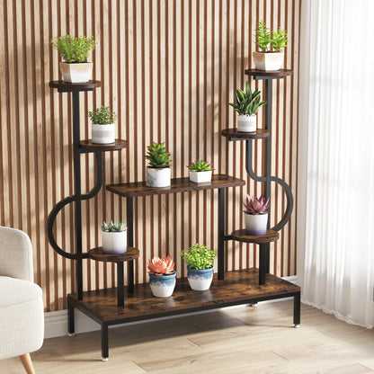 MonoWood 8-Tier Metal Plant Stand, Large Tall Plant Shelf for Multiple Plants, Round & Square Boards, Ladder Flower Rack