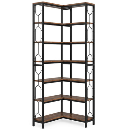 MonoWood 7-Shelf Corner Bookshelf,Large Modern Corner Bookcase, 7-Tier Tall Corner Shelf Storage Display Rack with Metal Frame