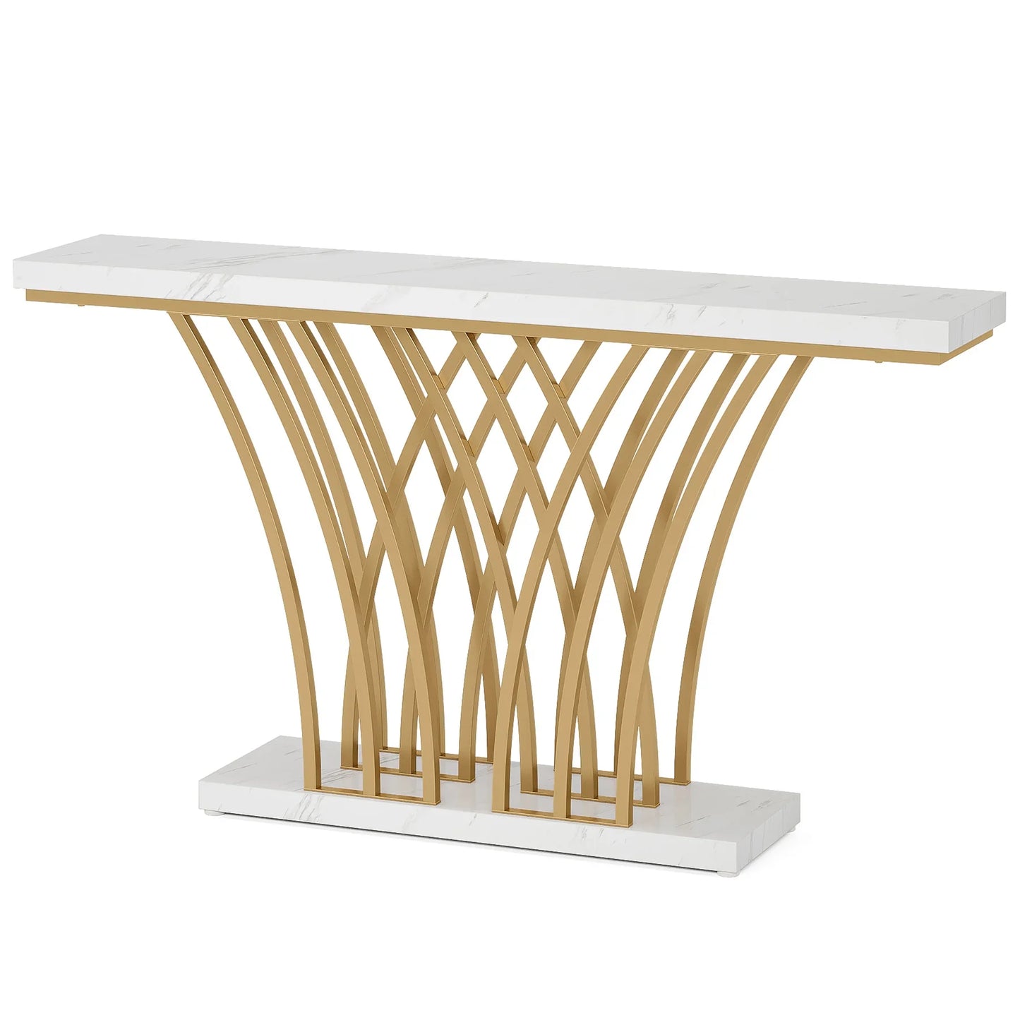 MonoWood 59 inch Gold Console Table, Modern Entryway Table with Grid-Shaped Metal Base for Entrance, Hallway, Entryway