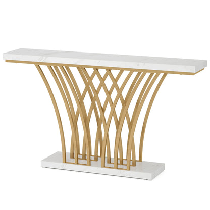 MonoWood 59 inch Gold Console Table, Modern Entryway Table with Grid-Shaped Metal Base for Entrance, Hallway, Entryway