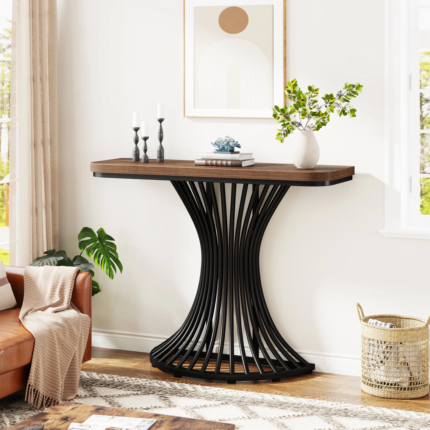 MonoWood Console Table, Industrial Entryway Table with Geometric Metal Base, 39-Inch Small Sofa Accent Table for Entrance