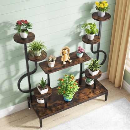 MonoWood 8-Tier Metal Plant Stand, Large Tall Plant Shelf for Multiple Plants, Round & Square Boards, Ladder Flower Rack