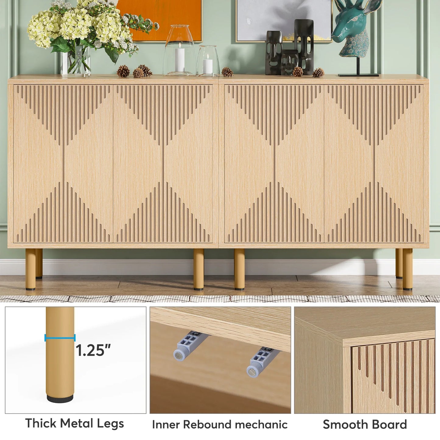 MonoWood Modern Natural Storage Cabinet, Freestanding Floor Cabinet, 59 inches Sideboard, Wood Buffet Cabinet