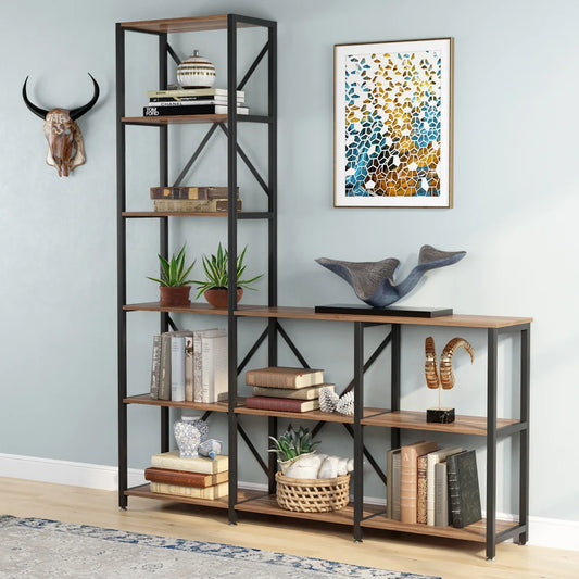 MonoWood 9 Shelves Bookshelves, Industrial Ladder Corner Etagere Bookcase, Rustic 6-Tier Display Open Shelf Storage Organizer