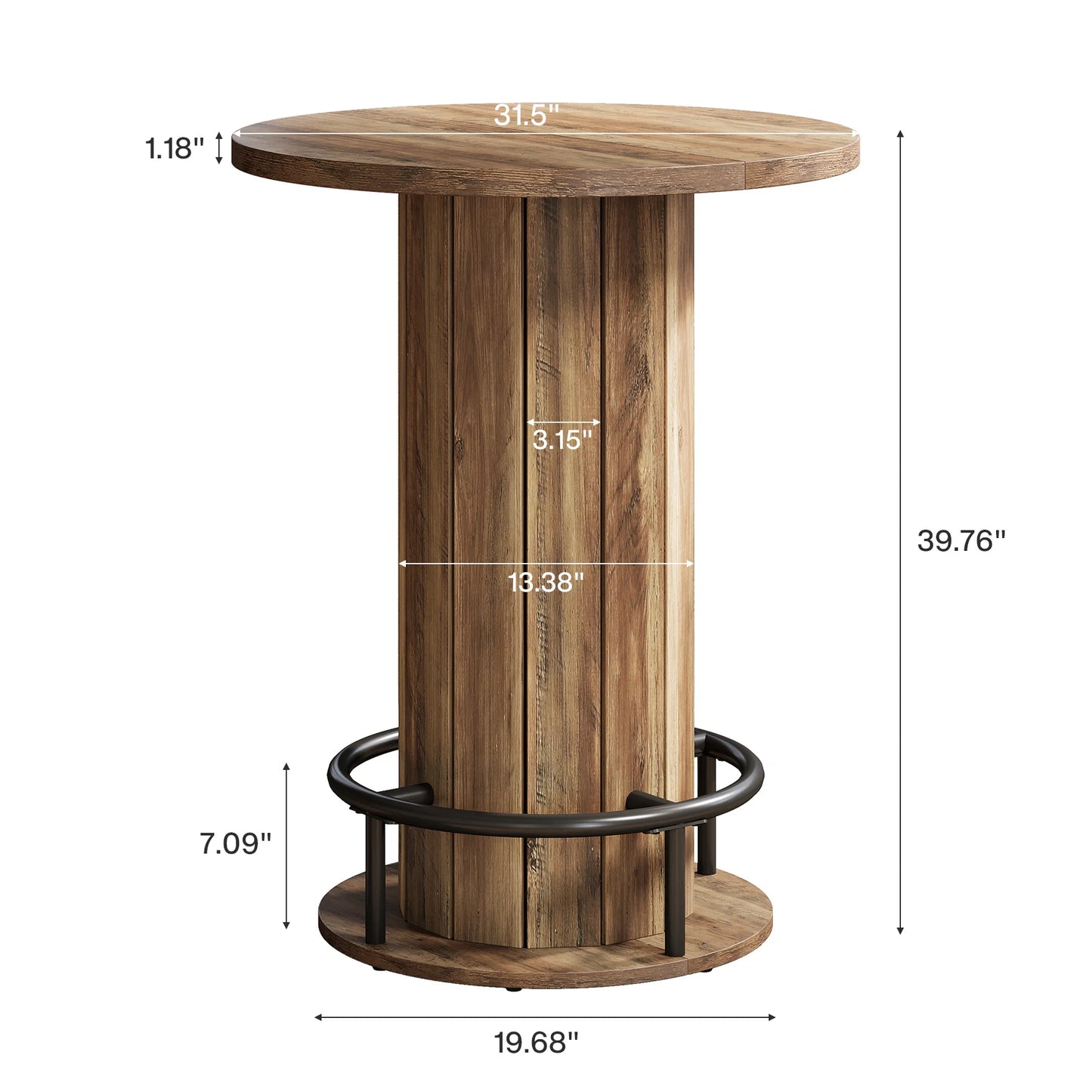 MonoWood Round Bar Table, 39.4" H Wood Bistro Pub Table with Metal Ring Footrest for Dining Coffee Cocktail Living Room
