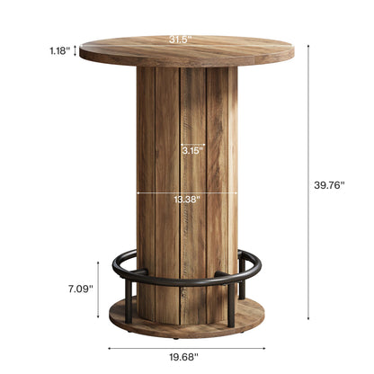 MonoWood Round Bar Table, 39.4" H Wood Bistro Pub Table with Metal Ring Footrest for Dining Coffee Cocktail Living Room