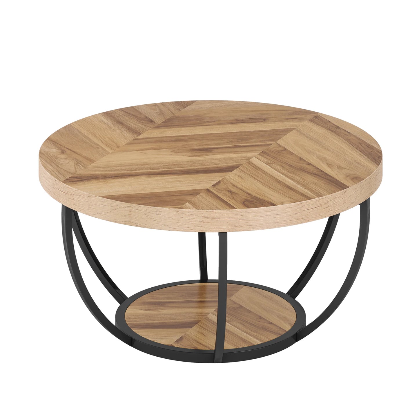 MonoWood 31.7" Round Coffee Table, Industrial 2-Tier Circle Coffee Table with Storage Shelves, Modern Wooden Sofa Side Table