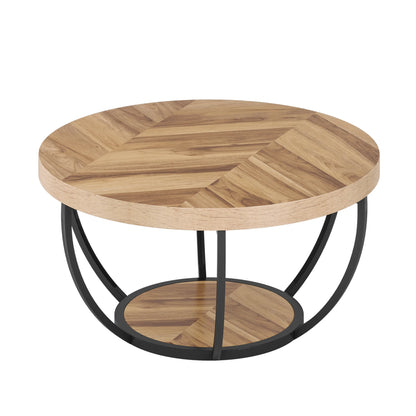 MonoWood 31.7" Round Coffee Table, Industrial 2-Tier Circle Coffee Table with Storage Shelves, Modern Wooden Sofa Side Table