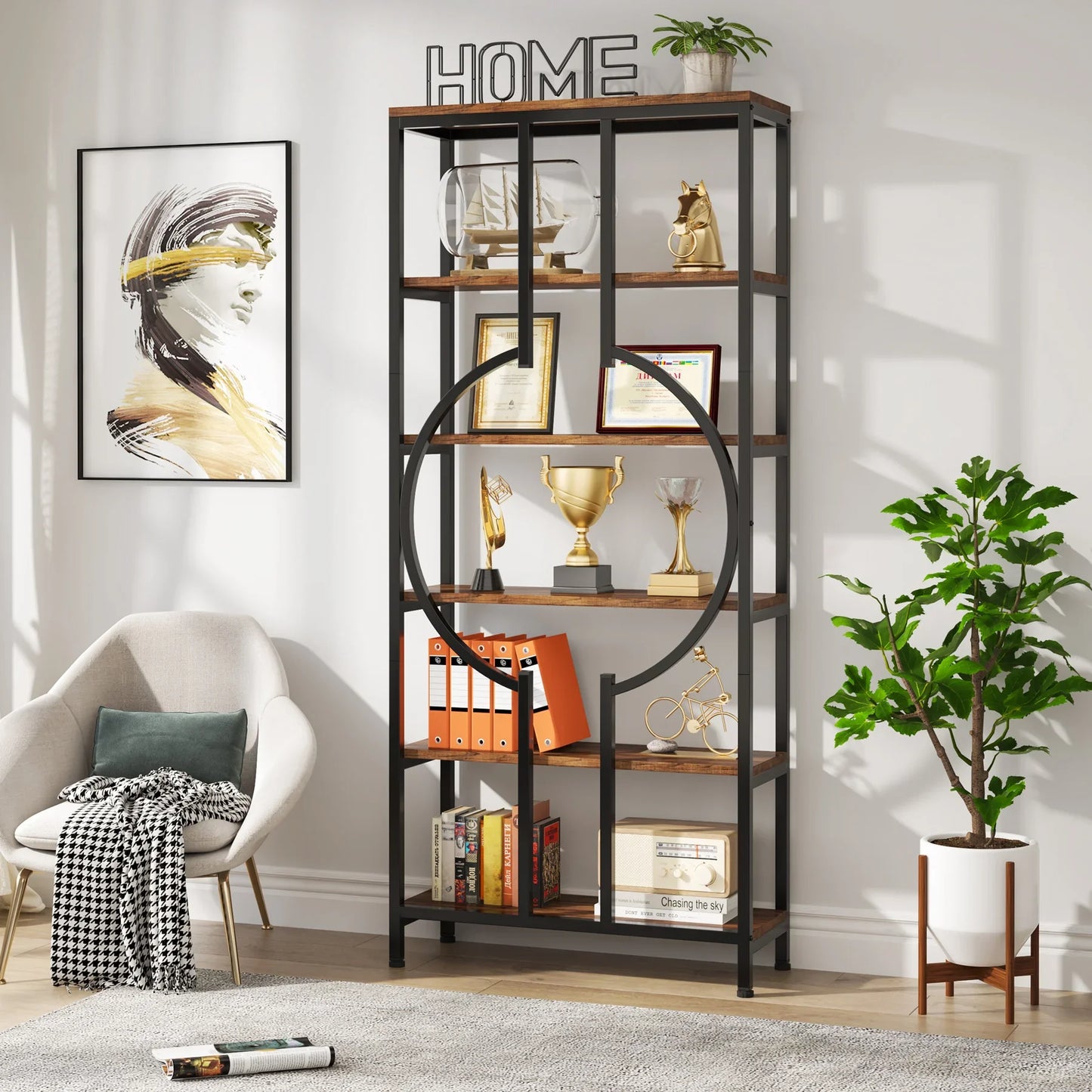MonoWood Industrial Bookshelf, Tall Bookcase with Open Shelves, Wood and Metal Display Shelf Storage Shelves
