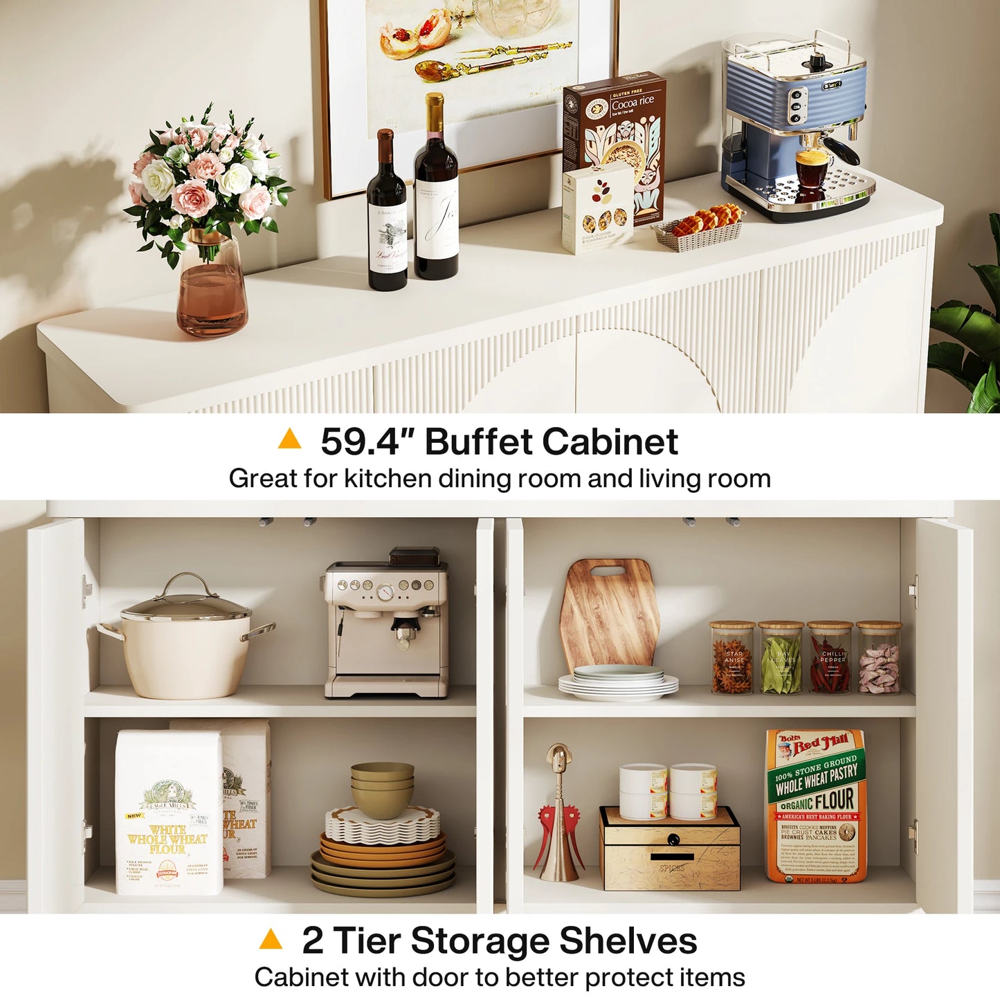 MonoWood Buffet Cabinet Sideboard with Storage, 59.4-Inch White Storage Cabinet Modern Sideboard Buffet Table with Doors