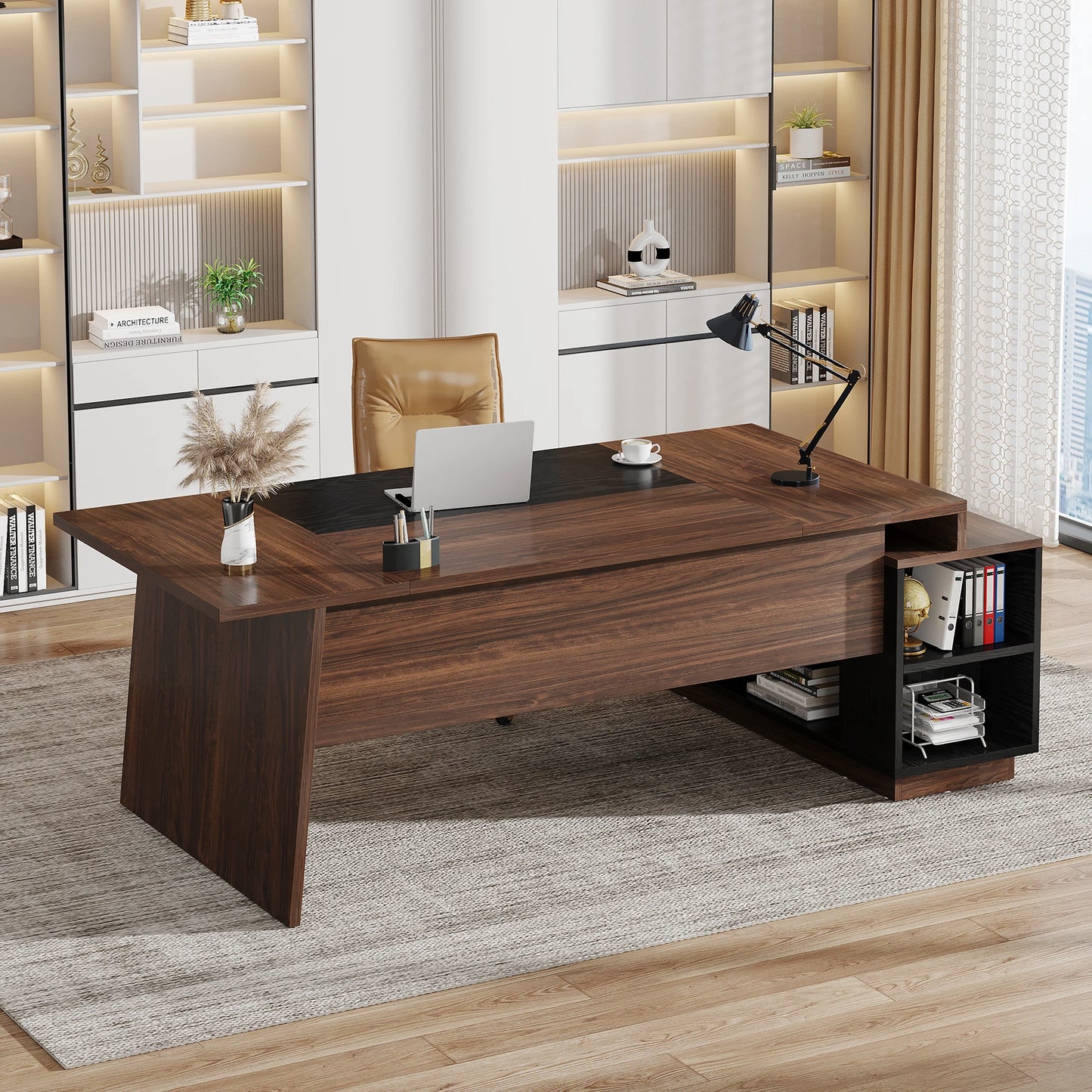 MonoWood L-Shaped Executive Office Desk, 70.5-Inch Mid-Century Modern Executive Desk with Storage Cabinet and Shelves