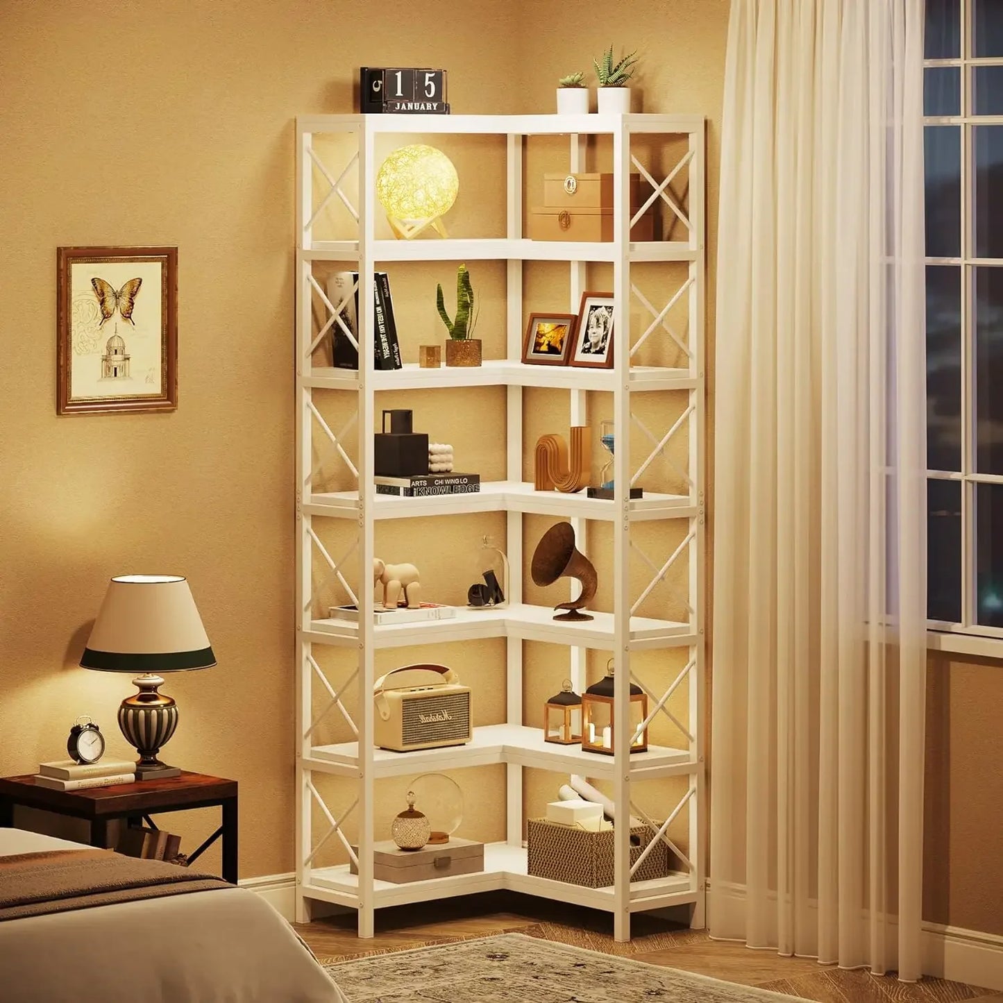 MonoWood WAY TO ORIGIN 7 Shelf Corner Bookcase, Industrial Corner Bookshelf, 7-Tier Tall Corner Shelf Storage Display Rack