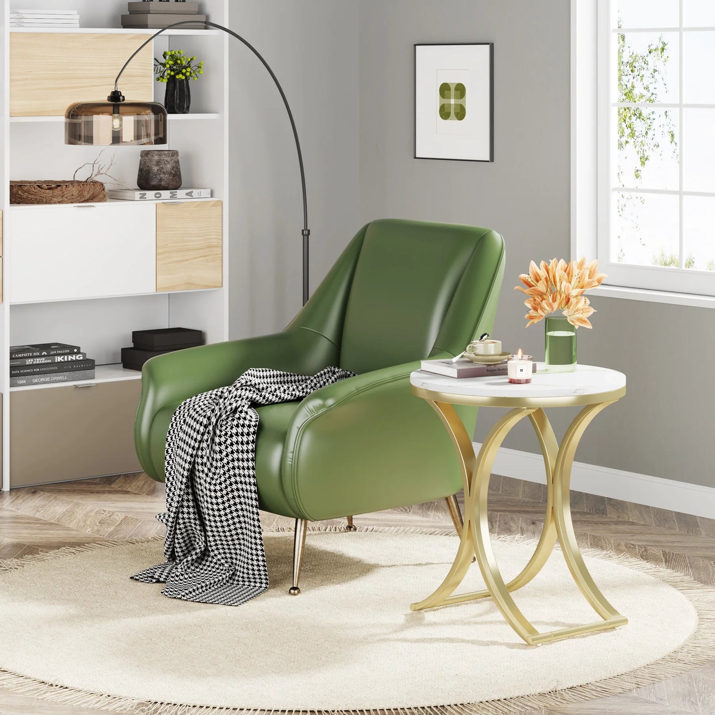 MonoWood White Gold Side Table Round End Table Modern Small Coffee Table Accent C Table Bedside Table