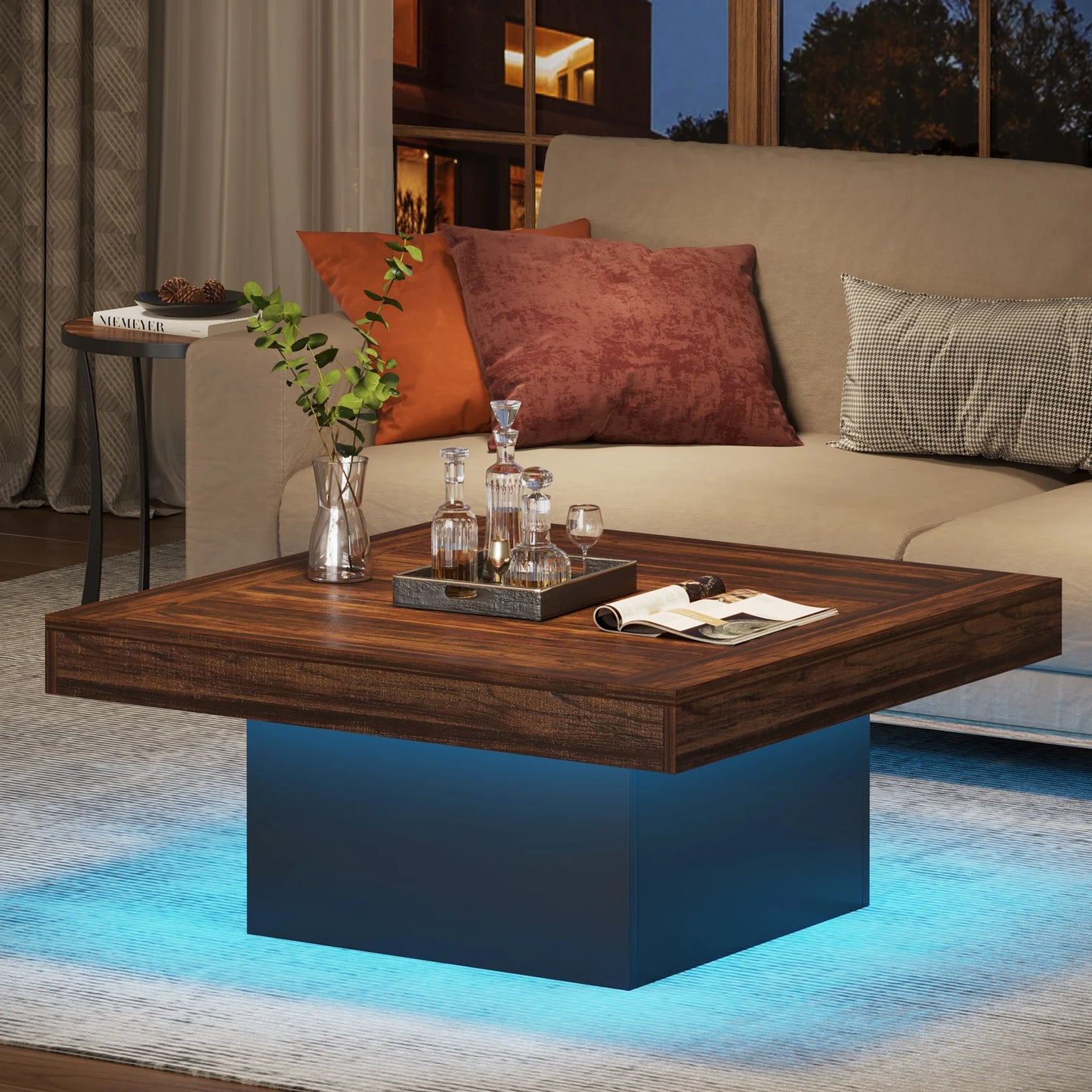 MonoWood Coffee Table Square LED Coffee Table Engineered Wood Low Coffee Table for Living Room Rustic Brown & Black