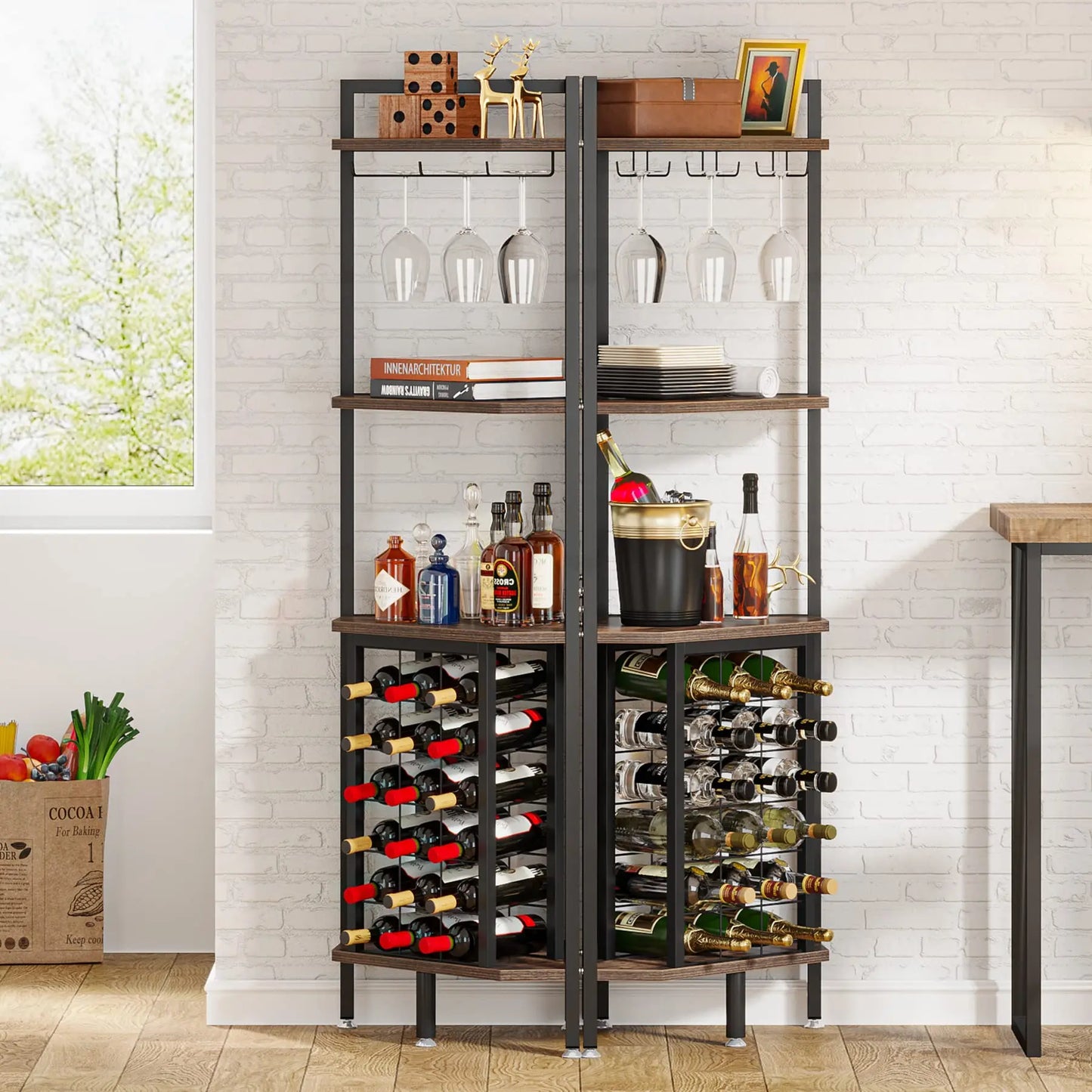 MonoWood Wine Rack Bar Cabinet 4 Tier Corner Shelf with Glass Holder