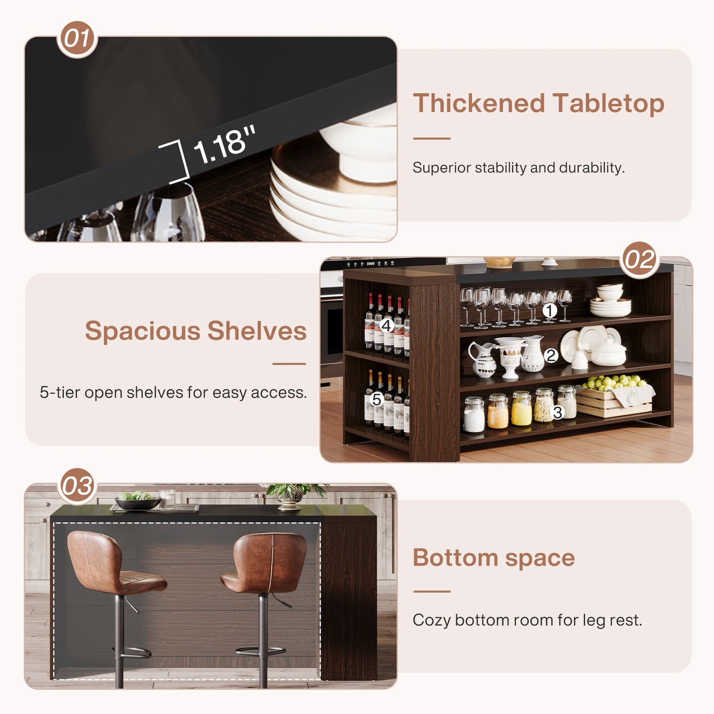 MonoWood 55" Kitchen Island with Storage, Farmhouse 5-Tier Stationary Island Table with 5 Shelves, Wood Coffee Bar Table