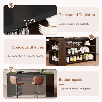 MonoWood 55" Kitchen Island with Storage, Farmhouse 5-Tier Stationary Island Table with 5 Shelves, Wood Coffee Bar Table