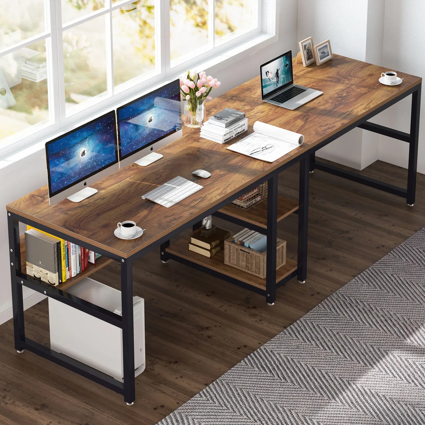 MonoWood Two Person Desk with Bookshelf, 78.7 Computer Office Double Desk for Two Person, Rustic Writing Desk Workstation