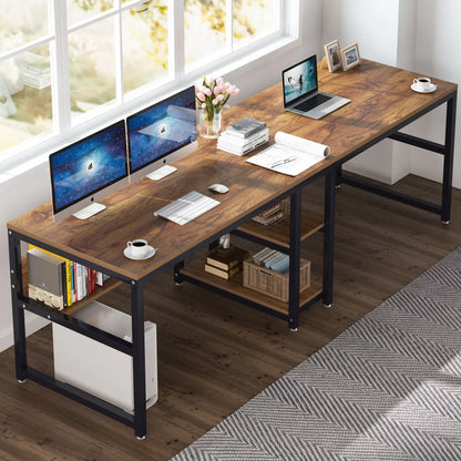 MonoWood Two Person Desk with Bookshelf, 78.7 Computer Office Double Desk for Two Person, Rustic Writing Desk Workstation