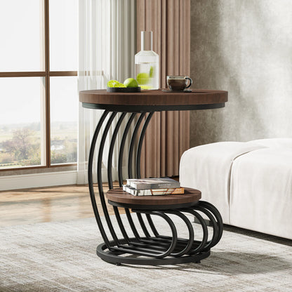 MonoWood Gold Round End Table: 2 Tiers Faux Marble Side Table with Storage Shelf, Modern White Gold Bedside Nightstand