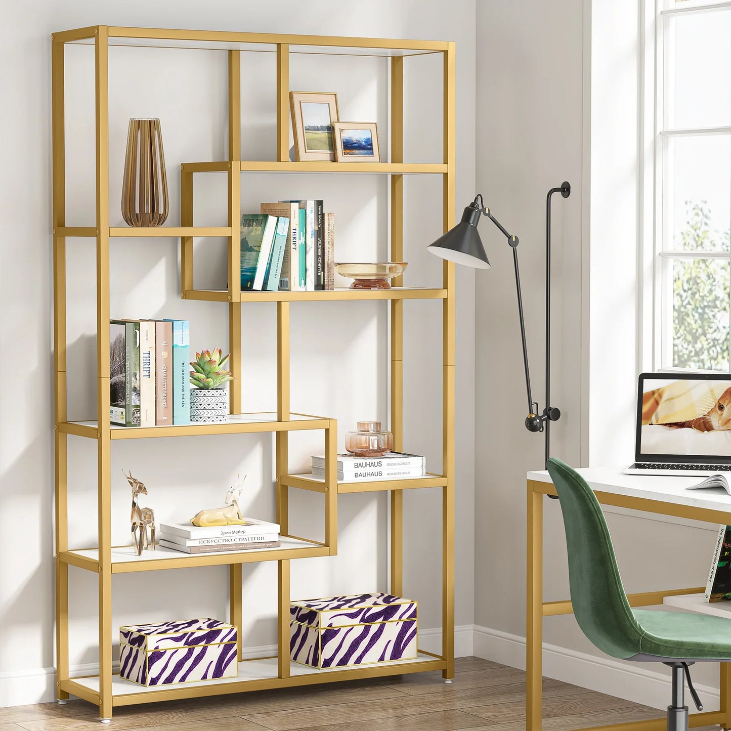 MonoWood Bookshelf Bookcase, Gold 8-Open Shelf Etagere Bookcase with Faux Marble, Modern Book Shelves Display Shelf