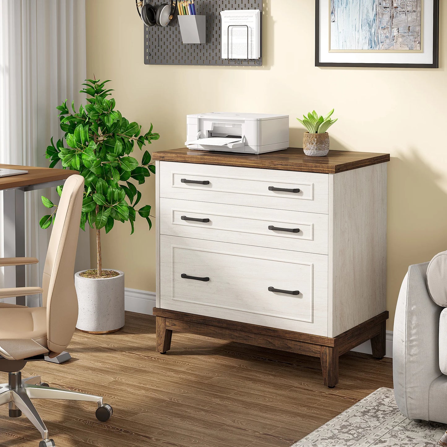 MonoWood 3-Drawer File Cabinet, Lateral Filing Cabinet for A4/Letter/Legal Size, Wood Office Storage Furniture Printer Stand