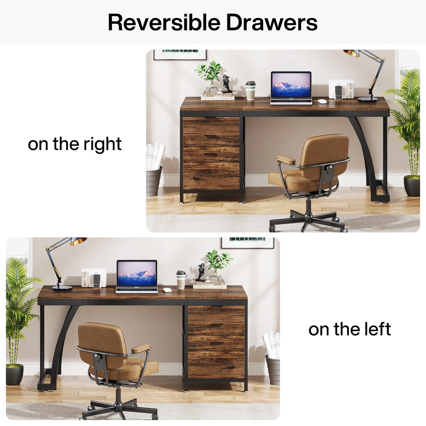 MonoWood Computer Desk with 3 Drawers, 59-Inch PC Desk with Reversible Drawers, Industrial Study Writing Table Workstation