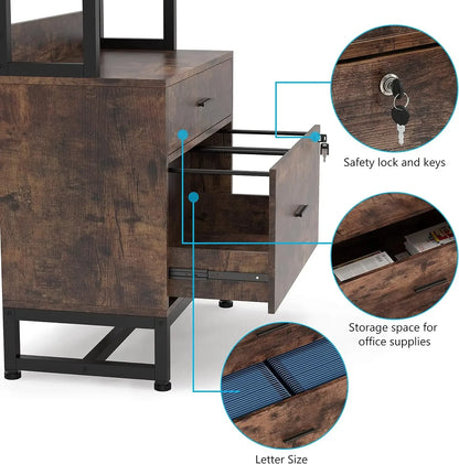 MonoWood 2 Drawer Vertical File Cabinet with Lock & Bookshelf Large Modern Filing Cabinet Printer Stand