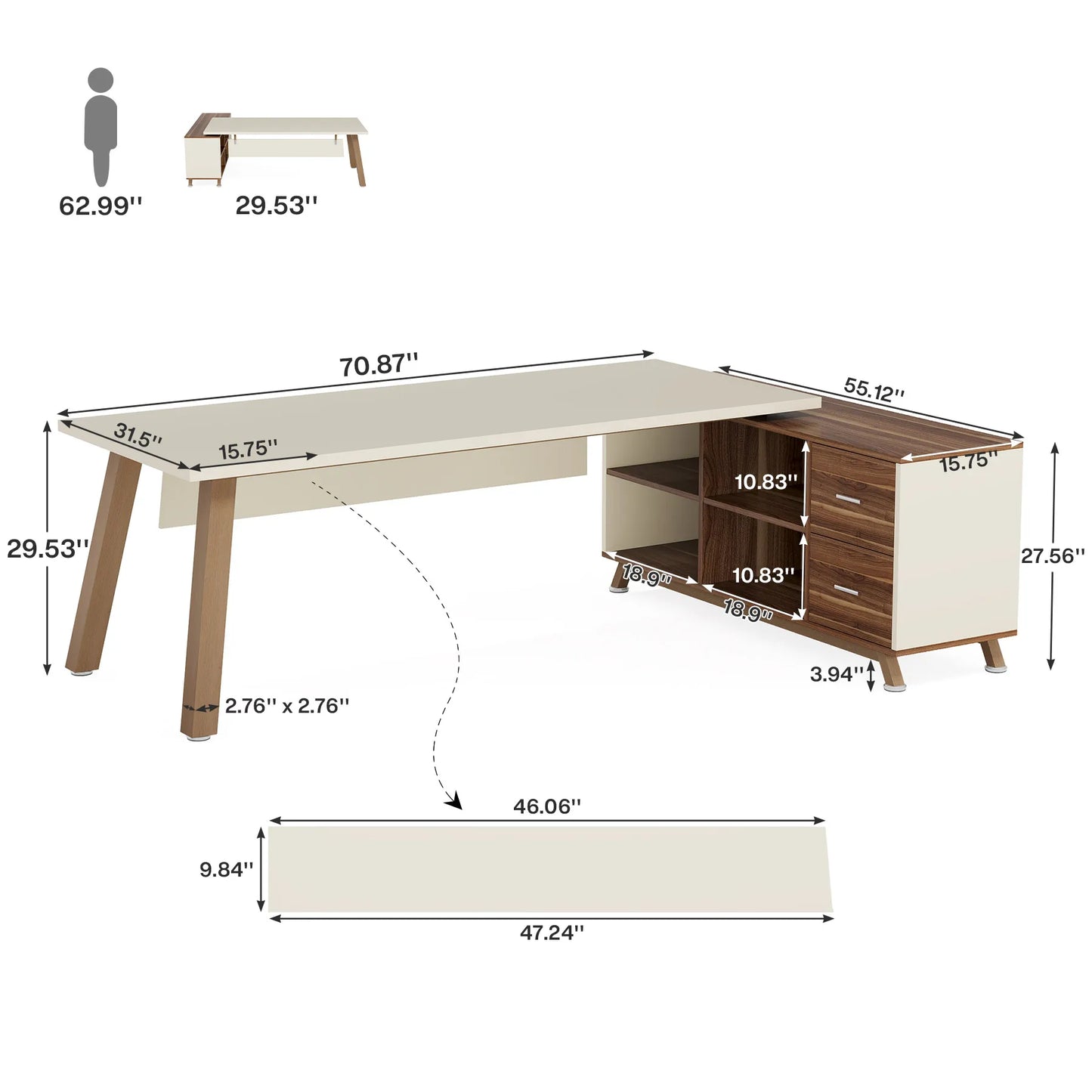 MonoWood 78.7-Inch Executive Desk, L-Shaped Desk with 55-Inch Cabinet, Large Office Desk with Storage Shelves